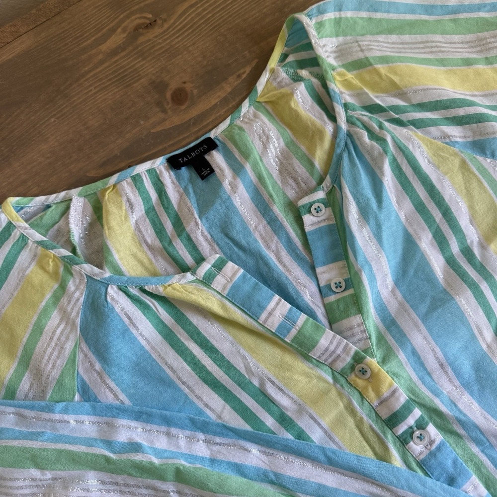 Talbots Womens Large Metallic Striped V-Neck Button Long Sleeve Blouse Shirt Top